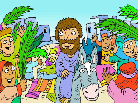 सड़क पर बहुत सारे लोग आ गए. वे यीशु को देखकर बहुत प्रसन्न हुए! लोग छोटे गधे के चलने के लिए अपने कपड़े मार्ग में बिछा देते हैं। – Slide número 5