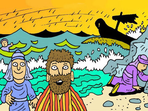 तैरते हुए या पटरों पर तैरते हुए, उनमें से हर कोई सुरक्षित रूप से समुद्र तट पर पहुंच गया, जैसा कि परमेश्वर ने पौलुस को बताया था। उस दिन उनमें से सभी 276 को बचा लिया गया! – Slide número 7