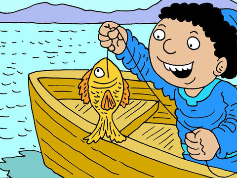 पतरस अपने पूरे जीवन में मछली पकड़ता रहा और उसने कभी भी ऐसी मछली नहीं पकड़ी जिसके मुँह में पैसे हों! लेकिन, उसने बिल्कुल वैसा ही किया जैसा यीशु ने उससे कहा था और तुरंत एक मछली पकड़ ली! – Slide número 6