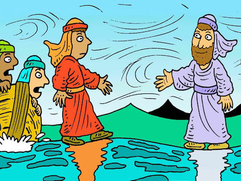 यीशु ने पुकारा, 'डरो मत, यह केवल मैं ही हूं।' पतरस को अपनी आंखों पर विश्वास नहीं हुआ और उसने कहा, 'यदि यह वास्तव में तुम हो, यीशु, तो मुझे पानी पर तुम्हारे पास आने के लिए कहो।' पतरस नाव से बाहर आया और पानी पर चलकर यीशु के पास जाने लगा। – Slide número 4
