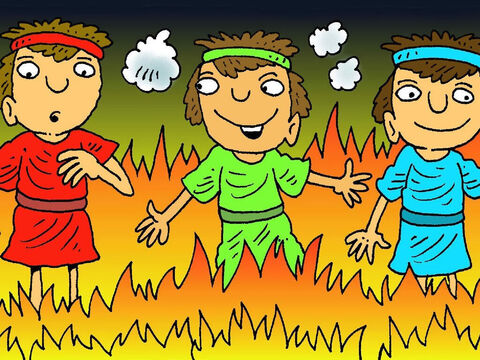 राजा के सैनिकों ने उन लोगों को आग में फेंक दिया। वह बहुत गर्म था लेकिन इससे वे नहीं जले! परमेश्वर उनकी देखभाल कर रहे थे! उनके कपड़े तक नहीं जले! – Slide número 7