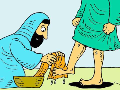 यीशु घुटनों के बल बैठ गया और धीरे-धीरे उनके गंदे पैर धोने लगा और उन्हें तौलिये पर सुखाने लगा। – Slide número 4