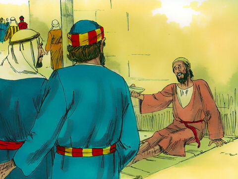 जब उस लंगड़े व्यक्ति ने पतरस और युहन्ना को मंदिर में जाते देखा तो उसने उनसे पैसे मांगे। – Slide número 2