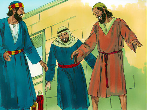 पतरस ने उसका हाथ पकड़ा और उसे उसके पैरों पर खड़े होने में मदद किया। तुरंत ही उस मनुष्य के टखनों और टांगों में सामर्थ आ गयी। – Slide número 4