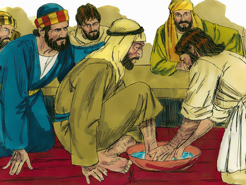 जब यीशु और उसके चेले आए, तो उन के पांव धोने के लिए कोई दास न था। तब यीशु ने एक कटोरे में पानी डाला, और चेलों के पांव धोने और अंगोछे से पोंछने लगा। – Slide número 5