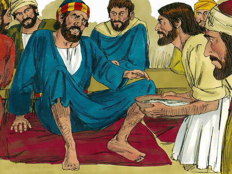 पतरस ने उससे कहा, 'स्वामी, आपको इस तरह हमारे पैर नहीं धोने चाहिए!' यीशु ने उत्तर दिया, 'तुम अब नहीं समझते कि मैं ऐसा क्यों कर रहा हूँ, किसी दिन तुम समझोगे।' 'नहीं,' पतरस ने विरोध किया, ' तुम मेरे पैर कभी नहीं धोओगे!' – Slide número 6