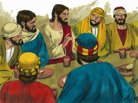 फसह मनाने के समय वे सब बैठ गए। यीशु ने कहा, 'दुख उठाने से पहले इस फसह का भोजन मैं ने तुम्हारे साथ खाने की आशा की है।' – Slide número 8