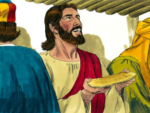 जब वे खा ही रहे थे, तो यीशु ने रोटी ली, और धन्यवाद करके तोड़ी, और अपने चेलों को यह कहते हुए दी, कि यह मेरी देह है जो तुम्हारे लिए दी गई है। – Slide número 13