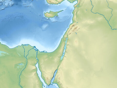 अरब प्रायद्वीप, सिनाई प्रायद्वीप, सीरियाई रेगिस्तान और फ़रात नदी के ऊपरी क्षेत्र का मानचित्र। द्वीप साइप्रस है। भूमध्य सागर (ऊपर दाएँ), लाल सागर (निचला मध्य)। – Slide número 3