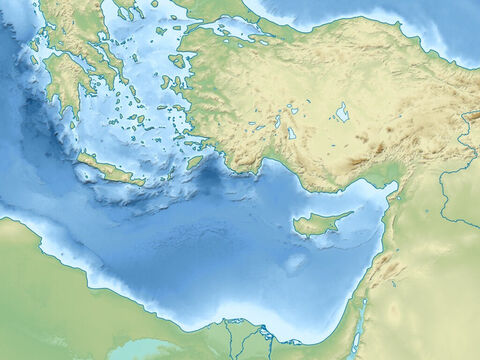 काला सागर (ऊपर दाएँ), एजियन सागर (ऊपर मध्य), भूमध्य सागर (मध्य), एशिया माइनर (आधुनिक तुर्की), टॉरस पर्वत, सीरियाई रेगिस्तान (बीच में दाएँ), नील डेल्टा (निचला मध्य)। – Slide número 4