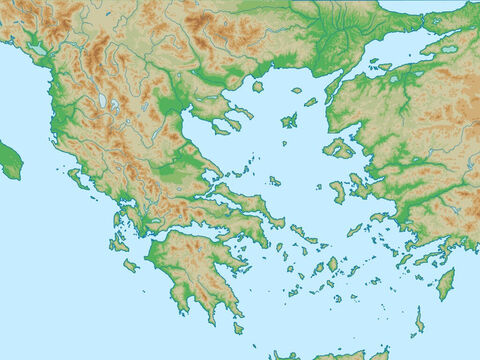 बायीं ओर एशिया माइनर (तुर्की) और दायीं ओर ग्रीस के साथ एजियन सागर। पौलुस की दूसरी और तीसरी मिशनरी यात्राओं का क्षेत्र। – Slide número 5
