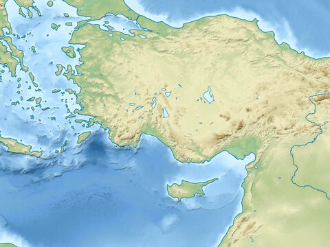 काला सागर (ऊपर दाएँ), एजियन सागर (ऊपर बाएँ), भूमध्य सागर (मध्य), एशिया माइनर (आधुनिक तुर्की), टॉरस पर्वत, सीरियाई रेगिस्तान (दाएँ)। पौलुस ने अपनी सभी मिशनरी यात्राओं के दौरान इस क्षेत्र का दौरा किया। – Slide número 6