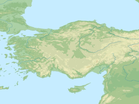 काला सागर (ऊपर दाएँ), भूमध्य सागर (निचला बाएँ), एशिया माइनर (आधुनिक तुर्की), टॉरस पर्वत, सीरियाई रेगिस्तान (दाएँ)। पौलुस ने अपनी सभी मिशनरी यात्राओं के दौरान इस क्षेत्र का दौरा किया। – Slide número 7