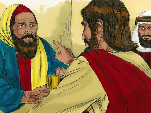 यीशु के सम्मान में बैतनियाह में एक भोज दिया गया। मारथा भोजन परोस रही थी, लाजर यीशु और उसके चेलो के साथ मेज पर भोजन कर रह था। – Slide número 3