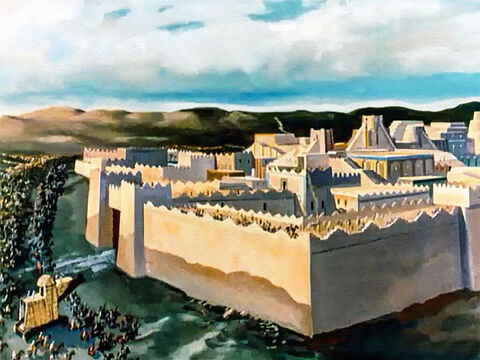 क्योंकि बाबुल की शहरपनाह के बाहर मादी और फारसियों की शक्तिशाली सेना थी, जो फारस के राजा कुस्रू के नेतृत्व में थी। लेकिन बेलशस्सर बेखौफ होकर उन पर हंसा। क्या बाबुल की दीवारें 300 फुट (92 मीटर) ऊँची और 80 फुट (25 मीटर) मोटी नहीं थीं? कुस्रू इस नगर को कभी जीत नहीं सकता। – Slide número 10