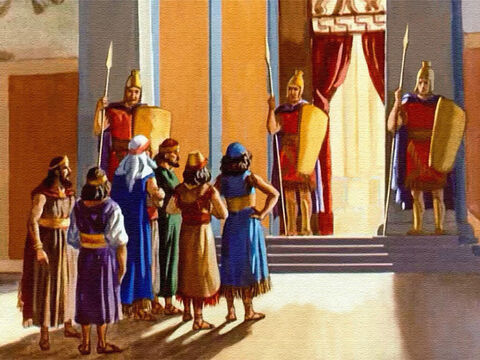 हाकिमों ने महल के बाहर एकत्र होकर राजा के सामने उपस्थित होने की अनुमति मांगी। – Slide número 10