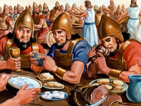 इसके बजाय, उसने राजा योराम से शत्रु सैनिकों को खाना खिलाने के लिए कहा, और उनके सामने एक बड़ी दावत रखी गई। और जब वे तरोताजा हो गए ... – Slide número 33