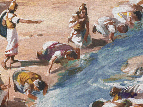 तीन सौ आदमियों ने हाथ से पानी पीया। और यहोवा ने कहा, 'उन तीन सौ के द्वारा मैं तुझे छुड़ाऊंगा, और मिद्यानियों को तेरे हाथ कर दूंगा। अन्य सभी लोगों को जाने दो।' – Slide número 19