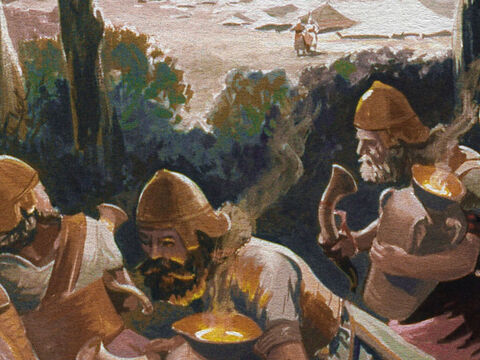 जब मिद्यानी पहरेदार बदल रहे थे, तब गिदोन और उसके आदमियों ने अपनी योजना के पहले भाग को पूरा किया। – Slide número 22