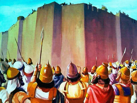 सातवीं बार के अंत में, हर आदमी रुक गया और दीवारों की ओर सामना किया, पूरी तरह से यरीहो शहर को घेर कर खड़े हो गए – Slide número 35