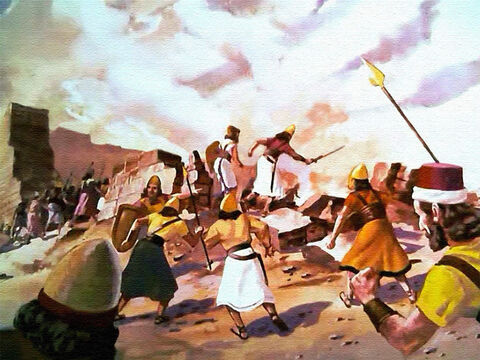 यहोवा के कहने के अनुसार इस्राएली सीधे नगर पर चढ़ाई करने को गए। और उन्होंने उन सब बुराई का सत्यानाश किया जो परमेश्वर की आज्ञा के अनुसार नगर में थी। – Slide número 42