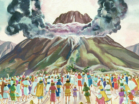 जब मूसा उन्हें छावनी के बाहर ले गया, और वे सिनाई पर्वत की तलहटी में रुक गए, तब वे सावधानी से उनके पीछे हो लिए। – Slide número 17
