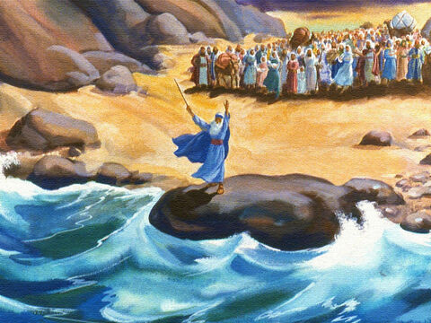 जब लोगों ने देखा, तो उनका नेता मूसा लाल समुद्र के किनारे तक चला गया। तब मूसा ने वह किया जो परमेश्वर ने उसे करने को कहा था। उसने अपनी छड़ी उठाई और तेज हवा चलने लगी। – Slide número 34