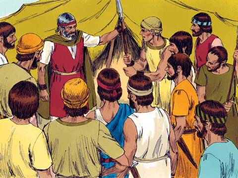 मूसा ने एक नौजवान और हट्टे कट्ट अगुवे यहोशू से कहा कि वह कुछ शक्तिशाली योद्धाओं को चुने और अगले दिन अमालेकियों से जाकर युद्ध करे। – Slide número 2