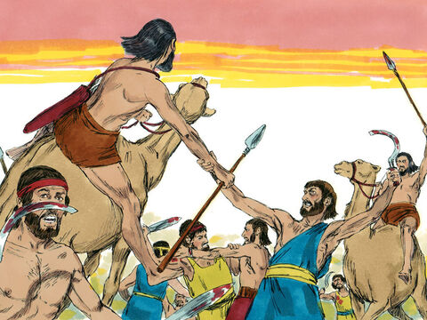 जब मूसा के हाथ ऊपर थे, यहोशू और उसके लोग युद्ध जीतने लगे। – Slide número 6