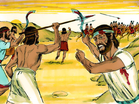 यहोशू और उसके लोग दिन भर विजयी होकर लड़ते रहे, क्योंकि मूसा के हाथ ऊंचे रहे। – Slide número 10