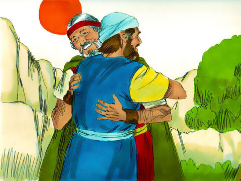 वे दोनों भाई परमेश्वर के पर्वत होरेब पर आपस में मिले और दोनों ने मिलकर एक दूसरे का अभिवादन किया। – Slide número 23