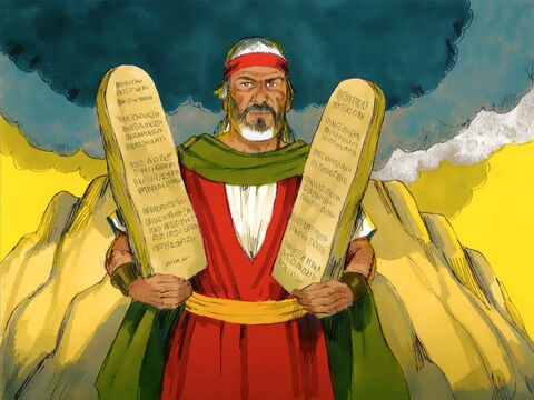 मूसा ने उन दो तख्तियों को उठाया जिन पर परमेश्वर ने अपनी आज्ञाएँ लिखी थी और पर्वत के नीचे उतरने लगा। – Slide número 12
