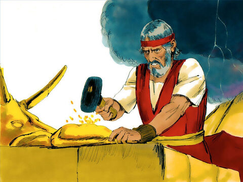 मूसा ने उस बछड़े को लिया जिसे लोगों ने बनाया था और उसे आग में जला दिया। तब उस ने उसको पीसकर चूर चूर कर डाला, और जल के ऊपर छिड़क दिया, और इस्राएलियों को पिला दिया। – Slide número 15