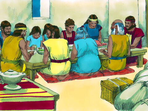 उस शाम, परमेश्वर के लोग मिस्र छोड़ने के लिए तैयार हो गए और भोजन के लिए बैठ गए जिसे वे बाद में फसह कहेंगे (क्योंकि परमेश्वर उन्हें बख्श देगा)। – Slide número 16