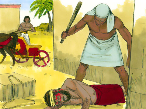 निर्गमन 2:13-14 जब उसने देखा कि एक इब्री एक मिस्री के साथ बुरा बर्ताव कर रहा है, तो उसने चारों ओर देखा कि कोई देख तो नहीं रहा है... – Slide número 3