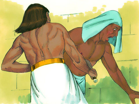 ... फिर, मूसा ने मिस्री पर हमला किया, उसे मार डाला। उसने मृत व्यक्ति के शरीर को रेत में दबा दिया। – Slide número 4
