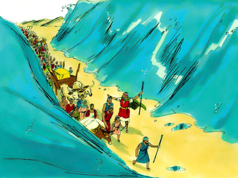 लोग सागर के भीतर से होकर पार उतरने लगे, उनके दोनों तरफ पानी की दीवारें खड़ी हुई थी। – Slide número 15