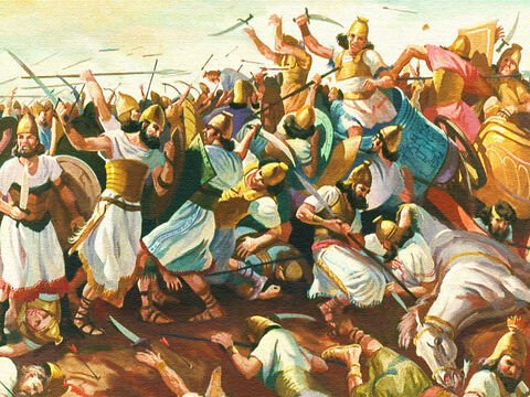 एक भयानक लड़ाई लड़ी गई और परमेश्वर ने इस्राएल को एक जबरदस्त जीत दिलाई। – Slide número 18