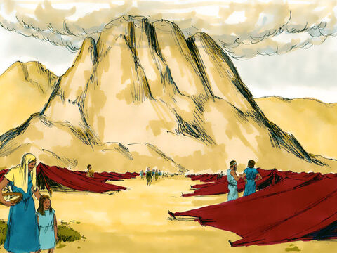 निर्गमन 19<br/>लाल समुद्र पार करने के तीन महीने के बाद इस्त्राएलियों ने सीनै पर्वत की तलहटी में जंगल में डेरा किया। – Slide número 1