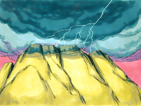 तीसरे दिन भोर को बादल गरजने और बिजली चमकने लगी, और पर्वत पर घना बादल छा गया। – Slide número 9