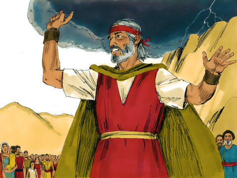 मूसा सब लोगों को यह चेतावनी देने के लिए नीचे गया कि पर्वत पवित्र है और उन्हें इसके निकट नहीं जाना चाहिए। फिर वह और हारून वापस चोटी पर चढ़ गए। – Slide número 14