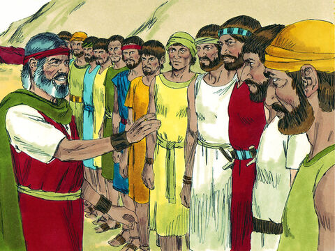 मूसा ने प्रत्येक गोत्र से एक नेता चुना। (उनके नाम थे शामुआ, शापात, कालेब, यिगाल, यहोशू, पलती, गद्दीएल, गद्दी, अम्मीएल, शेतुर, नहबी, और गूएल)। – Slide número 3