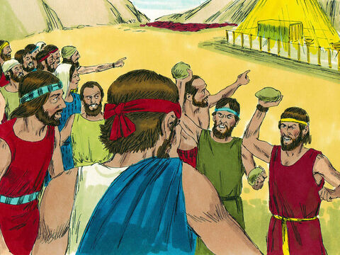 जब सुनने वाले यहोशू और कालेब को पत्थरवाह करने के विषय में बुड़बुड़ा रहे थे, उसी समय यहोवा का तेज मिलापवाले तम्बू के पास दिखाई दिया। – Slide número 16