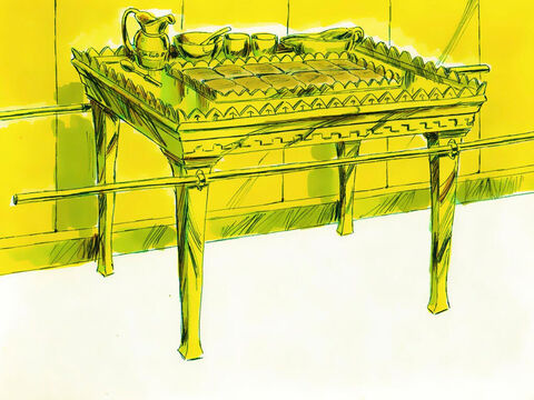निर्गमन 37 v 10 -16 पवित्र स्थान के लिए बबूल की लकड़ी की सोने से मढ़ी हुई एक मेज बनाई गई। उसे उठाने के लिए भी सोने के खंभे थे। उसमें थाली और कटोरे सब कुछ सोने के बने थे। प्रत्येक सप्ताह मेज पर 12 रोटियाँ रखी जाती थीं जो इस्राएल के 12 गोत्रों का प्रतिनिधित्व करती थीं। – Slide número 17