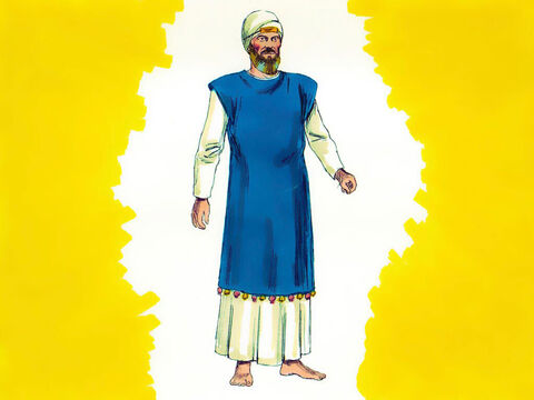 निर्गमन 39<br/>याजकों के लिए श्वेत संन के वस्त्र बने थे। महायाजक हारून के लिए एक विशेष वस्त्र बनाया गया था। इसमें नीले रंग का बिन-बाजू का अंगरखा था। – Slide número 24