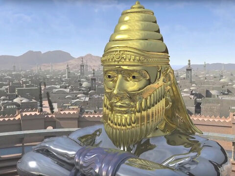 'प्रतिमा का सिर शुद्ध सोने से बना था।' दानिय्येल ने बताया कि यह राजा नबूकदनेस्सर के शक्तिशाली साम्राज्य और बेबीलोन साम्राज्य (605BC - 539BC) का प्रतिनिधित्व करता है। – Slide número 3