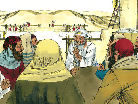 नहेमायाह ने याजकों को बुलवा भेजा और रईसों और हाकिमों को अपनी प्रतिज्ञा के अनुसार करने की शपथ खिलाई। सभा में सभी ने कहा, 'आमीन,' और प्रभु की स्तुति की। – Slide número 15