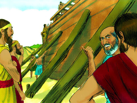 आसपास के दुष्ट लोग सोचने लगे कि नूह और उसके पुत्र क्या कर रहे हैं। – Slide número 7