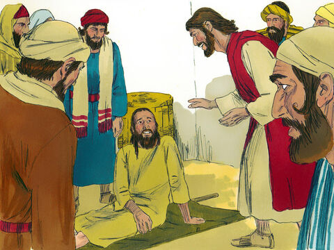 जब यीशु ने उन लोगों का विश्वास देखा, तो उस ने लकवे के रोगी से कहा, 'हे पुत्र, तेरे पाप क्षमा हुए।' – Slide número 5