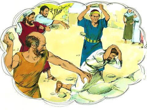 यहूदियों और अन्यजातियों की एक भीड़ ने अपने अगुओं के साथ मिलकर पौलुस और बरनाबास पर  पत्थरवाह करने की योजना बनाई। – Slide número 14